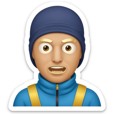 A bald guy wearing a ski mask with gold teeth sticker