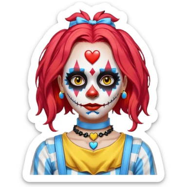 wendy thomas  the clown from gta rp nopixel she has a blue sun on covering right eye with three yellow lines below her right eye and above her left eye. she has long bright red hair and light blue eyes with ablack heart choker and black bunny ears. with a skeleton shirt sticker
