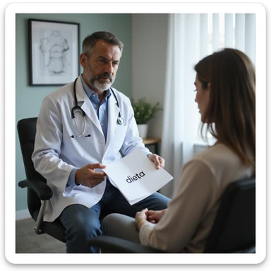 hyperrealistic 4K scene of a male nutritionist in a white coat handing a sheet with the word 'dieta' to a seated female patient in his medical office, variation 5 sticker