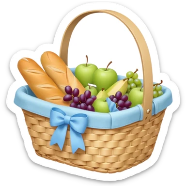 A white Picnic basket with pastel blue bow，contained baguettes and fruit, sticker