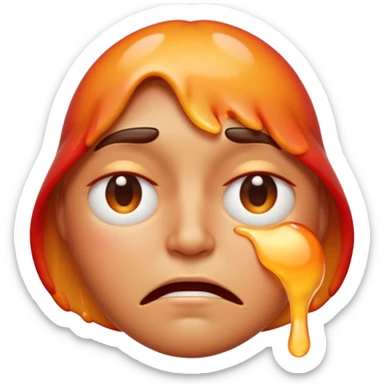 Apple-style emoji illustration of a person melted, overheated face with sweat drops, half-closed exhausted eyes, annoyed or angry expression, warm orange and red tones, soft 3D emoji style, smooth gradients, rounded shapes, centered composition. sticker
