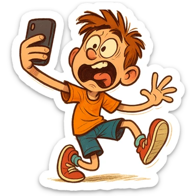 a boy taking a selfie awkwardly, fun and expressive style sticker