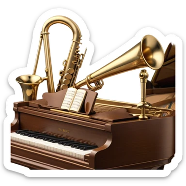 Create an elegant and vintage-inspired emoji representing jazz vocal performance. In the foreground, feature a classic, antique jazz microphone on a stand. Behind it, place a grand piano, with the lid slightly open, and have a Selmer Model 19 Balanced Action trumpet resting on top of the piano. The trumpet should have visible details like its shiny brass finish and the unique design of the valves. Add musical notes flowing around the scene to capture the improvisational essence of jazz. Use rich, deep colors like black, gold, and dark wood tones to evoke the timeless, sophisticated atmosphere of jazz. The background should be transparent. sticker