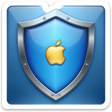 Remove the point at the top middle of the shield. Keep only a deep blue, shiny, glass-like center with a metallic border. No symbols or sword. Apple emoji style. sticker