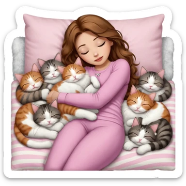 girl with long wavy brown hair, brown eyes, long lashes makeup, sexy pink lips, light to medium complexion,  sleeping on a cozy pillow, with 6 cats: 1 brown and white tabby cat, 1 ginger and white, 2 grey and white, 1 grey with white mittens and small white patch on chest and 1 calico, sleeping sticker