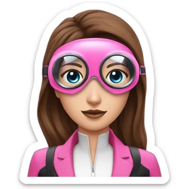 woman with blues eyes, large and straight brown hair, pink diving mask with a single crystal. underwater pink and black suit sticker
