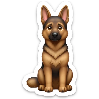 cinematic-[german shepherd]-realistic-full-body-sitting-emoji,-tail-resting-loosely-beside-its-paws,-head-tilted-dramatically,-sleek-[brown and black]-fur,-simplified-yet-realistic-focused-features,-highly-detailed,-glowing-with-an-almost-sarcastic-glow sticker
