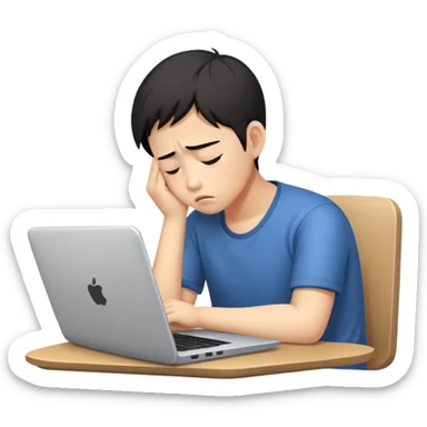 Create an emoji of a tired person of Asian descent, sitting at a laptop, looking exhausted and frustrated. They have slouched posture, representing overwork and burnout. sticker