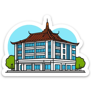 Bangkok hospital with traditional Thai roof details and modern medical facility sticker