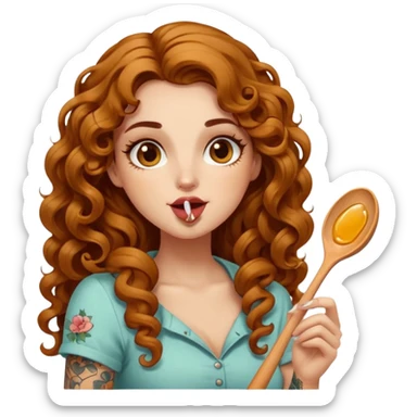 portrait woman long curly brown hair brown eyes white skin tattoos licking honey from wooden spoon, flirty sticker