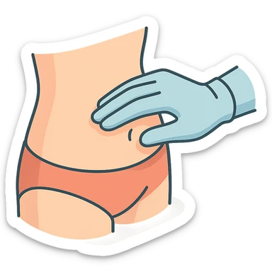 side view close-up of human abdomen, a doctor's hand palpating, hand wearing glove, hand coming from opposite side, fingers gently pressing, 2D isometric style, very detailed, soft rounded shapes, clean contours, pastel palette, refined shadows and highlights, modern illustration, transparent background sticker