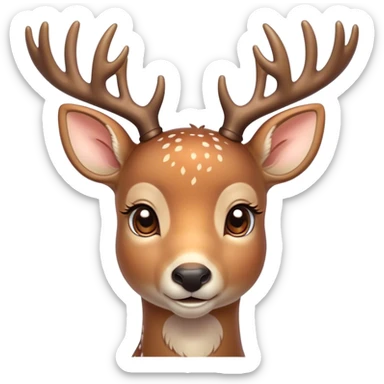 Cinematic Cute Deer Portrait Emoji, Head tilted playfully and inquisitively, showcasing a delicate coat speckled with subtle white spots and gentle earth tones, round, sparkling eyes filled with curious wonder, Simplified yet irresistibly adorable features, highly detailed, glowing with a warm, friendly glow, high shine, affectionate and graceful, stylized with a touch of woodland whimsy, bright and endearing, soft glowing outline, capturing the essence of a mischievous yet loving fawn, so playful it feels like it could skip out of the screen into your arms! sticker