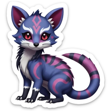 Rare warm-colored exotic gloomy tropical edgy cute epic aesthetic spooky indigo purple white black red gothic colorful Salandit-Furret-Espurr-Meowstic-Civet-species-Fakemon-hybrid-creature, with tribal tattoo markings, full body sticker