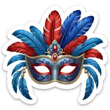 masquerade mask grey with blue and red feathers sticker