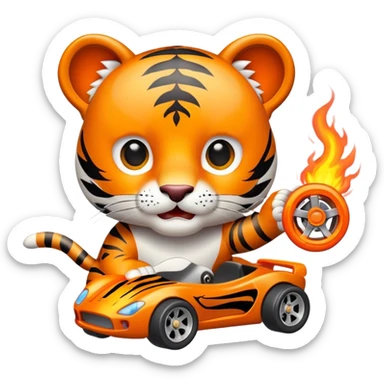 cute tiger holding toy hot wheel car with THE CAR wheels on fire sticker