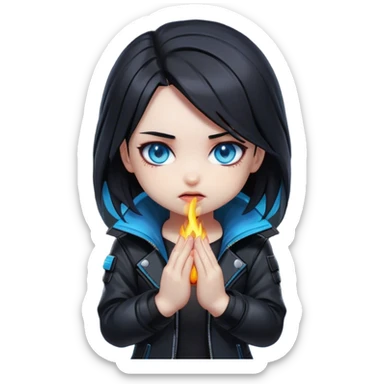 Black hair cyberpunk 2077 chibi girl with blazing blue eyes and black jacket. Hide face in hands sticker