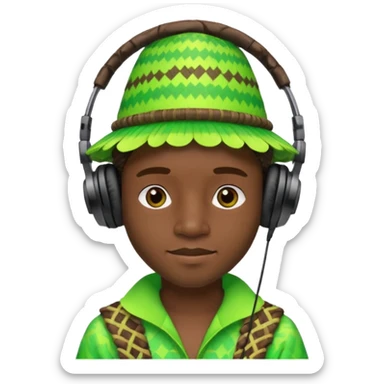 Create me an emoji of a cool Young Nigerian prince wearing a neon green gradient African patterns with  a hula hat (a Nigerian-inspired hat) and wearing cool headphones. sticker