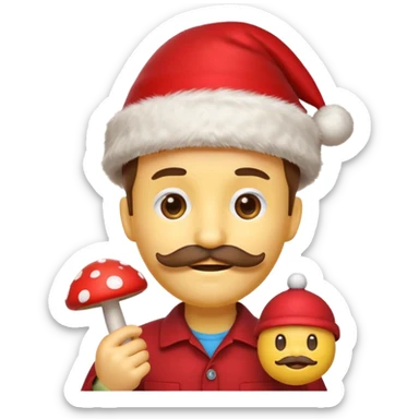 yellow emoji face with brown mustache and red Christmas hat, holding tiny red mushroom, 3D emoji style, 1:1
 sticker