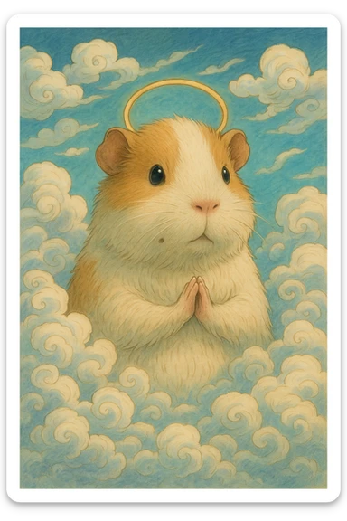 almighty guinea pig god with a mole on the left cheek, surrounded by clouds, whimsical, ghibli-inspired sticker