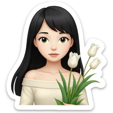 girl with long black hair, thin bangs, black eyes, cream off-shoulder sweater, holding white tulips sticker