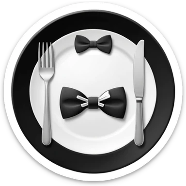 Minimalistic flat vector icon, iOS style, thin black contour on white background. Fork and knife crossed on a plate with a small bow tie above. Clean, no text, no shadows sticker