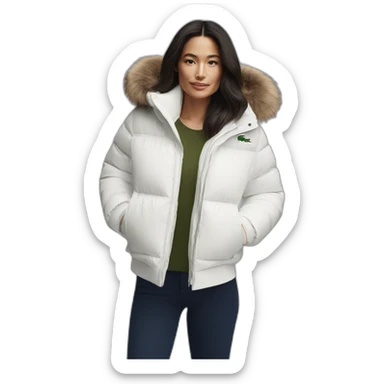 brunette latina woman using Lacoste puffer jacket sticker