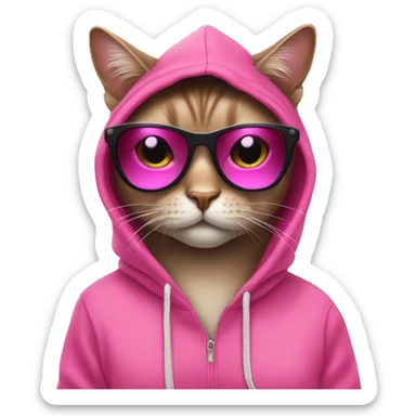 Cat wearing a pink hoodie with sunglasses and pink nails sticker