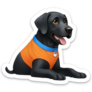 Black Labrador wearing orange and blue sticker