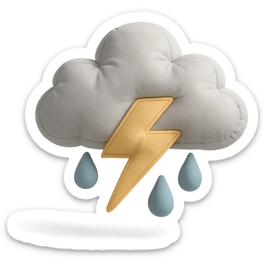 plush cushion thunderstorm cloud with lightning and rain, soft edges sticker
