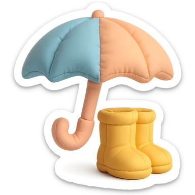 plush umbrella and rain boots, stylized and soft, playful colors, cushion style sticker