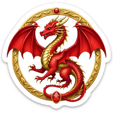 Golden Dragon with wings crest/brosch in a circle with red gems sticker