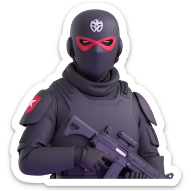 armed figure in all-black military clothing, shiesty mask, helmet, dramatic lighting sticker