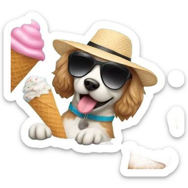 Fluffy dog in pool with sunglasses hat and eating ice cream sticker