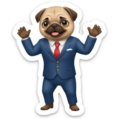 A pug in a suit in front of a stock chart with a rising trend sticker