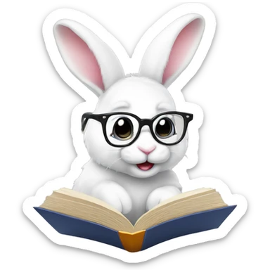 Cute White bunny with glasses and book in his paws  sticker