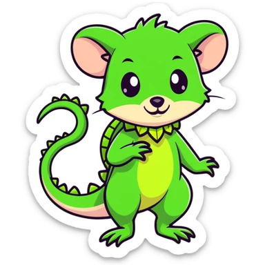 playful and cute possum wearing a bright green lizard costume with a lizard tail and headpiece sticker