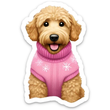 Happy Golden doodle with a pink sweater on and snow flakes  sticker