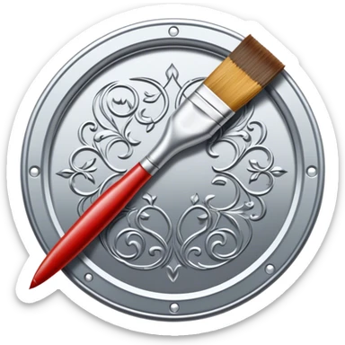 Metal painting icon, intricate hand-painted metal surface with detailed patterns, visible paintbrush, metal tools, vibrant enamel or acrylic paints, finished artwork and the painting process, minimalistic style, clean lines, transparent background. sticker