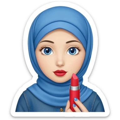Turkish beautiful finish Konya girl blue eyes with blue denim hijab islamic dress and had on her hand lipstick  sticker