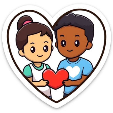 A couple with dark brown hair and mixed skin tone inside a white heart sticker