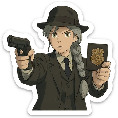1 female, 1920's mens suit, long white hair braid, gold yellow eyes, muted dark colors, brandishing a colt 1911 and a detective badge sticker