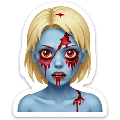 zumbi feminino com cortes no rosto, olhos baixos e vermelhos, cabelo loiro e rosto azul escuro, boca e olhos sangrando cm fundl azul e mais sangues possível sticker