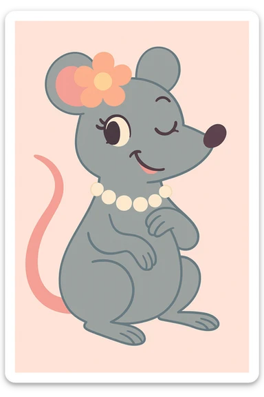 a coquette rat, winking, with a pearl necklace and a flower, pastel cartoon style sticker