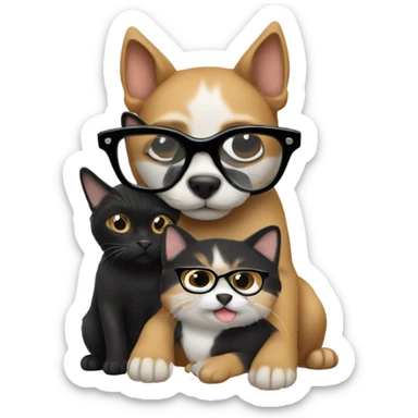 a cat in black glasses hugs a dog in black glasses sticker