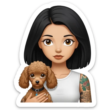 girl with long black  straight hair and tattoos and a  white Yorkshire and a brown poodle sticker