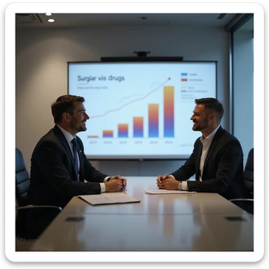 symbolic scene in a modern office of a pharmaceutical company: elegant executives smiling in front of charts showing the increase in sales of sugar and drugs, atmosphere of strategy and profit, realistic details, 4K quality sticker