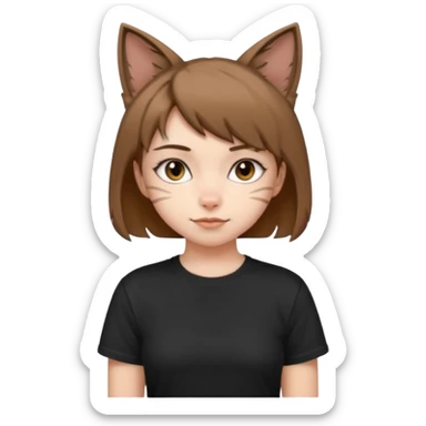 a girl with short brown wolf cut , cat ears and a tail, with a black t-shirt on sticker