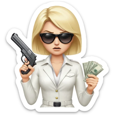 Mafia blondes angry woman in sunglasses, gun ,money , white costume  sticker