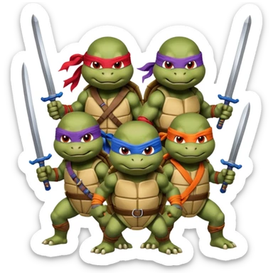 Vector emoji sticker of 4 Ninja Turtles: Leo (blue/swords), Raph (red/sais), Donnie (purple/staff), and Mikey (orange/nunchucks). Action poses, NYC rooftop, pizza box, bold comic style, white border. ONLY 4! sticker