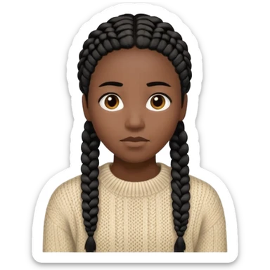 Her black skin glows warmly under the natural light, enhanced by the gentle textures of her knitted beige sweater and black hair in cornrows. her serene expression brings a quiet strength to the portrait.  sticker
